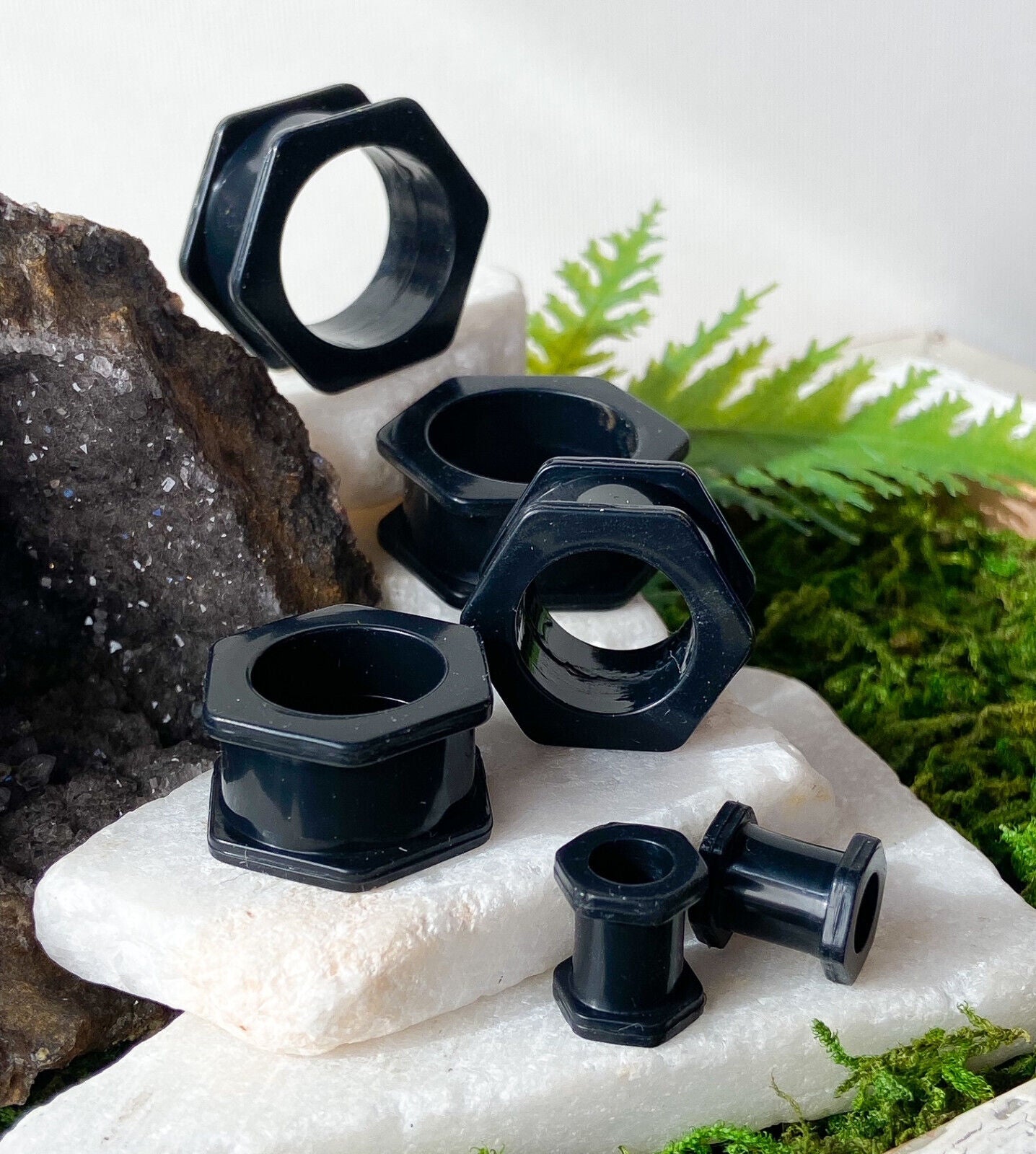 PAIR Black Hexagon Silicone Tunnels Double Flare Plug Earlet Gauges Body Jewelry