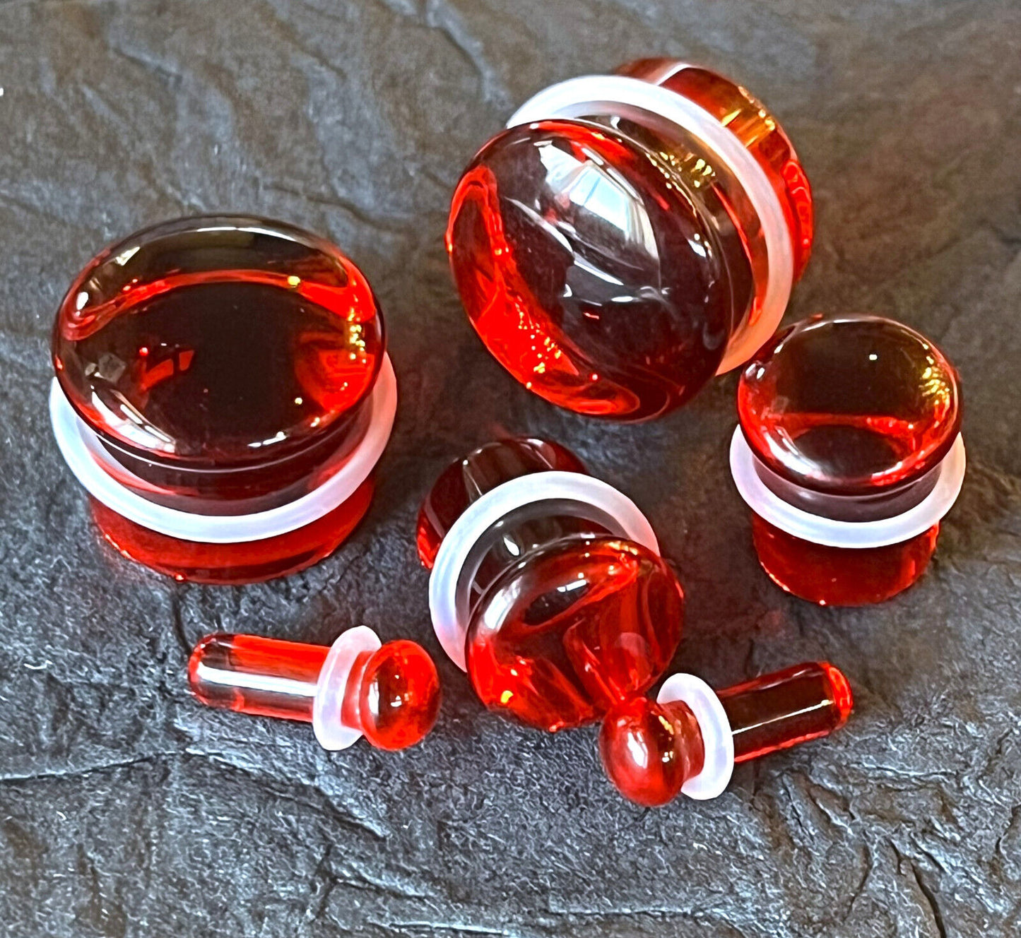 PAIR Red Glass Single Flare Plugs Gauges Tunnels Earlets Body Piercing Jewelry