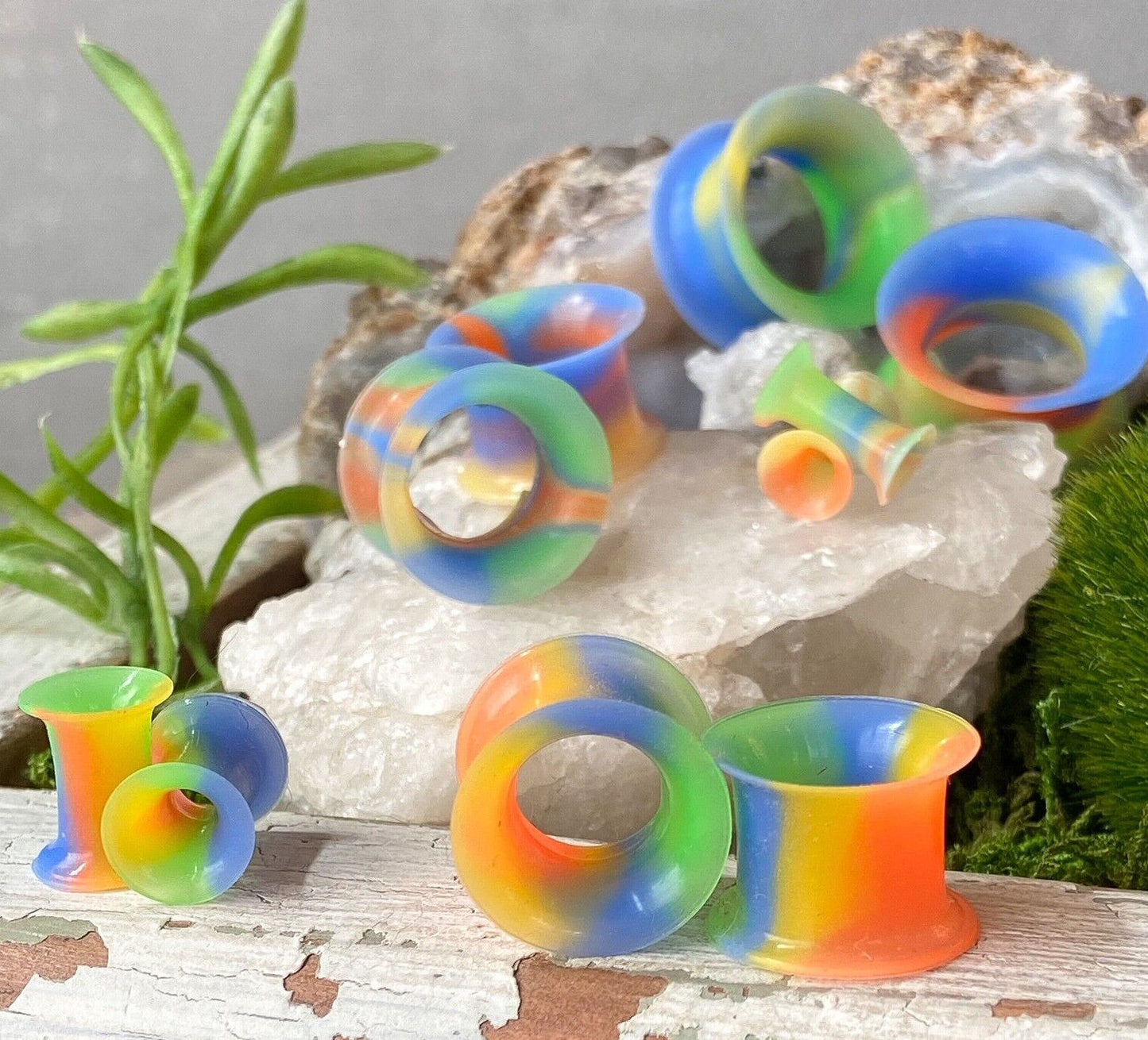 PAIR Rainbow Soft Silicone Tunnels Plugs Earlets Gauges Pierced Body Jewelry