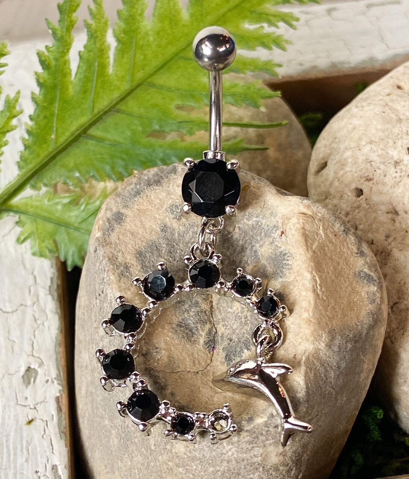 Dolphin Dangle Semi Circle CZ Gem Belly Ring Navel Naval Semi-Circle