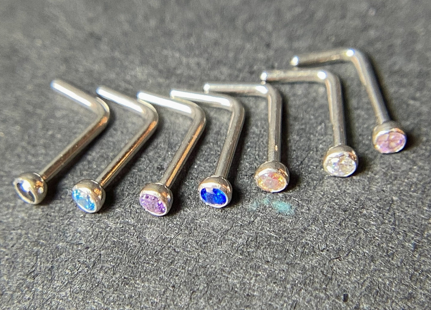 7pc Value Pack Press Fit Gem Surgical Steel L-Bend Nose Rings- choose 18g or 20g
