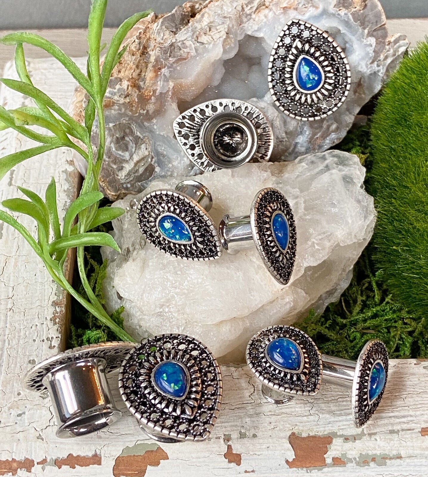 PAIR Antique Silver Teardrop w/ Opal Glitter Center Double Flare Tunnel Plugs