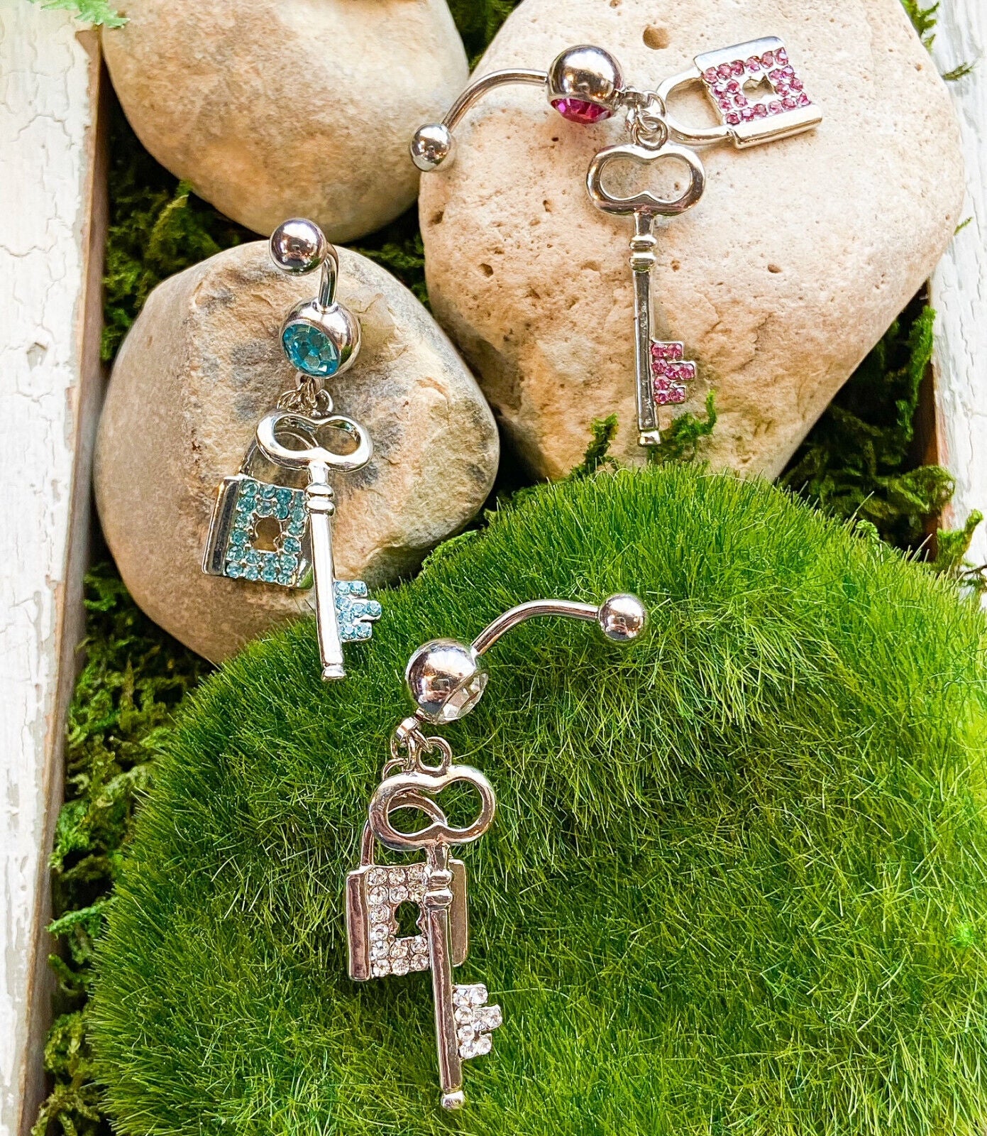Paved Lock & Key CZ Gem Belly Ring Navel Naval Clear, Pink, Aqua