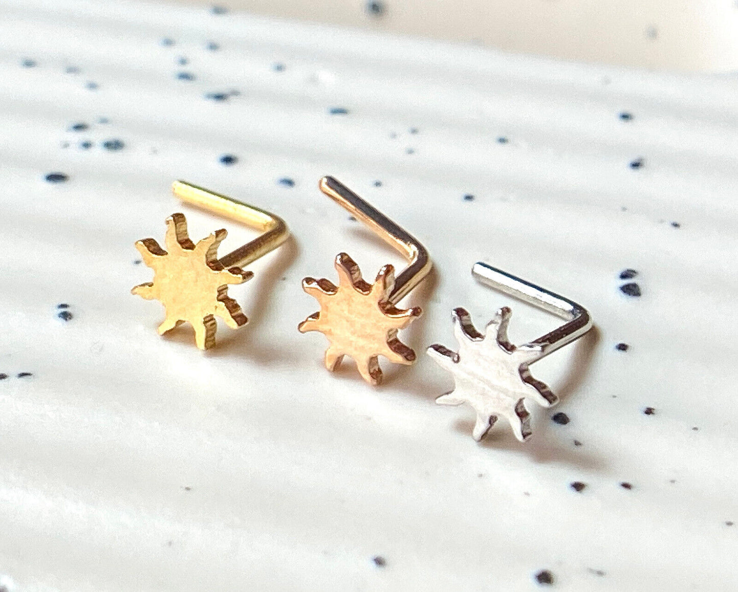 3pcs Sun Sunburst Style L-Bend Nose Rings 316L Surgical Steel Ion Plated