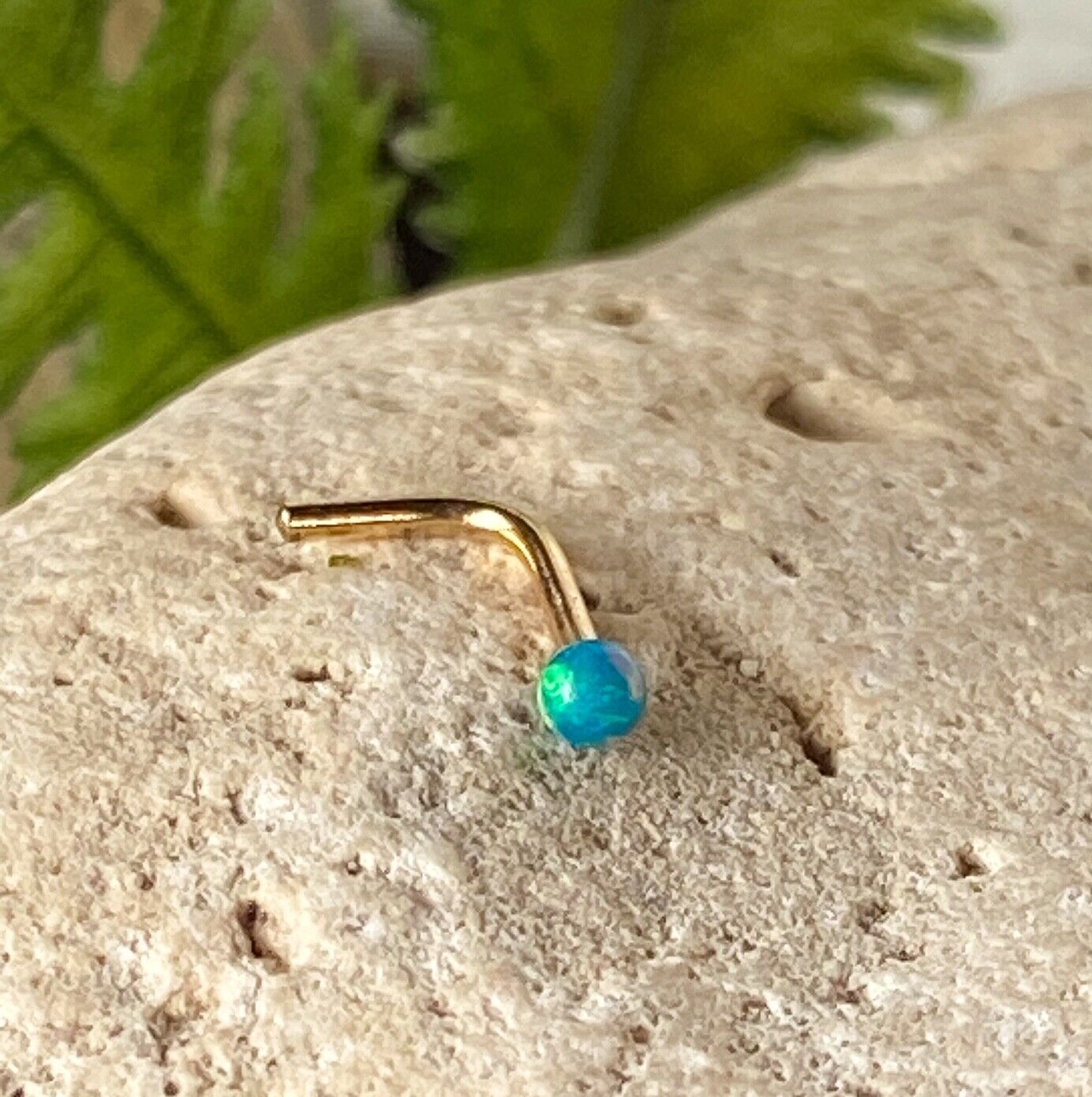 1pc 14kt Yellow Gold 20g Opal Ball L-Bend Nose Ring Nostril Piercing Stud Screw