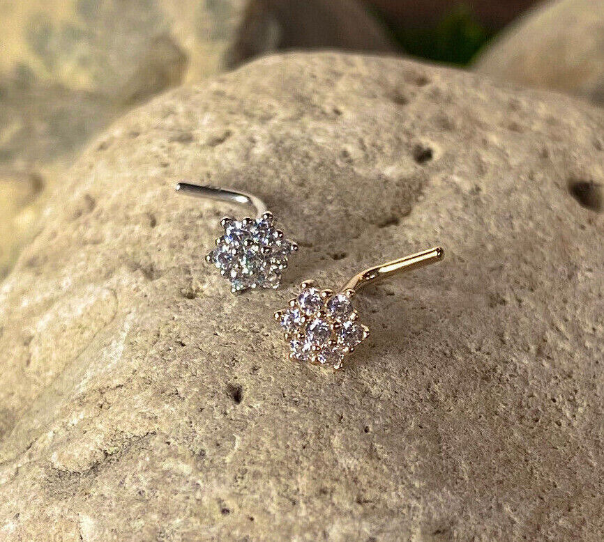 14kt Solid Yellow or White Gold Cluster Flower L-Bend Nose Ring Stud Screw 20g Nostril