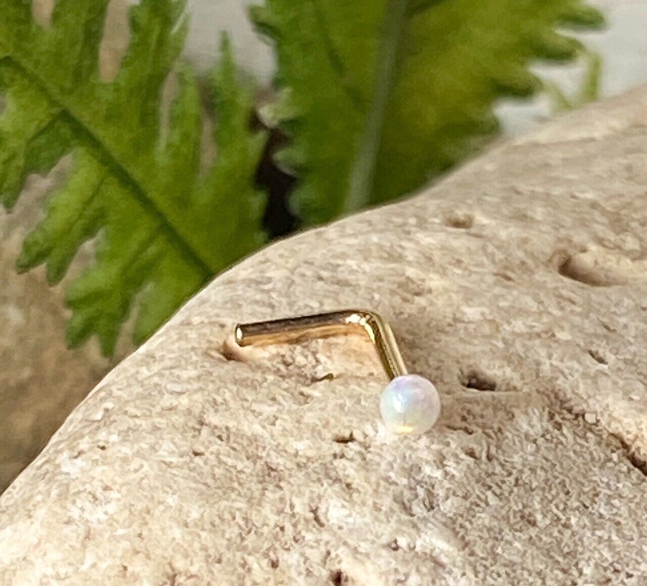 1pc 14kt Yellow Gold 20g Opal Ball L-Bend Nose Ring Nostril Piercing Stud Screw