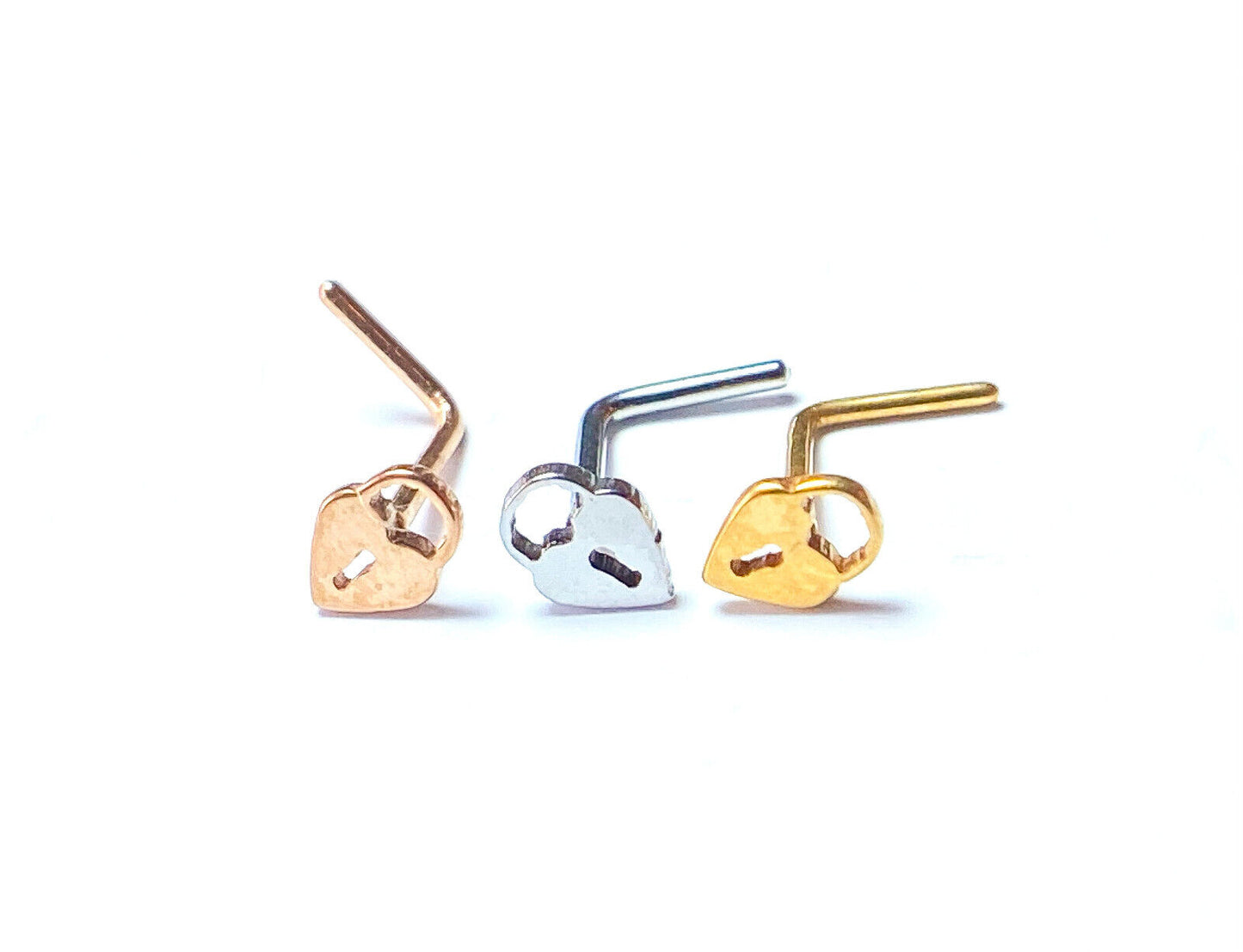 3pcs Heart Padlock Style L-Bend Nose Rings 316L Surgical Steel Ion Plated