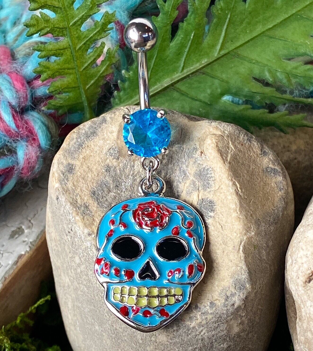 Epoxy Sugar Skull Belly Ring Pierced Navel Day Dead CZ Gem White, Pink, Blue