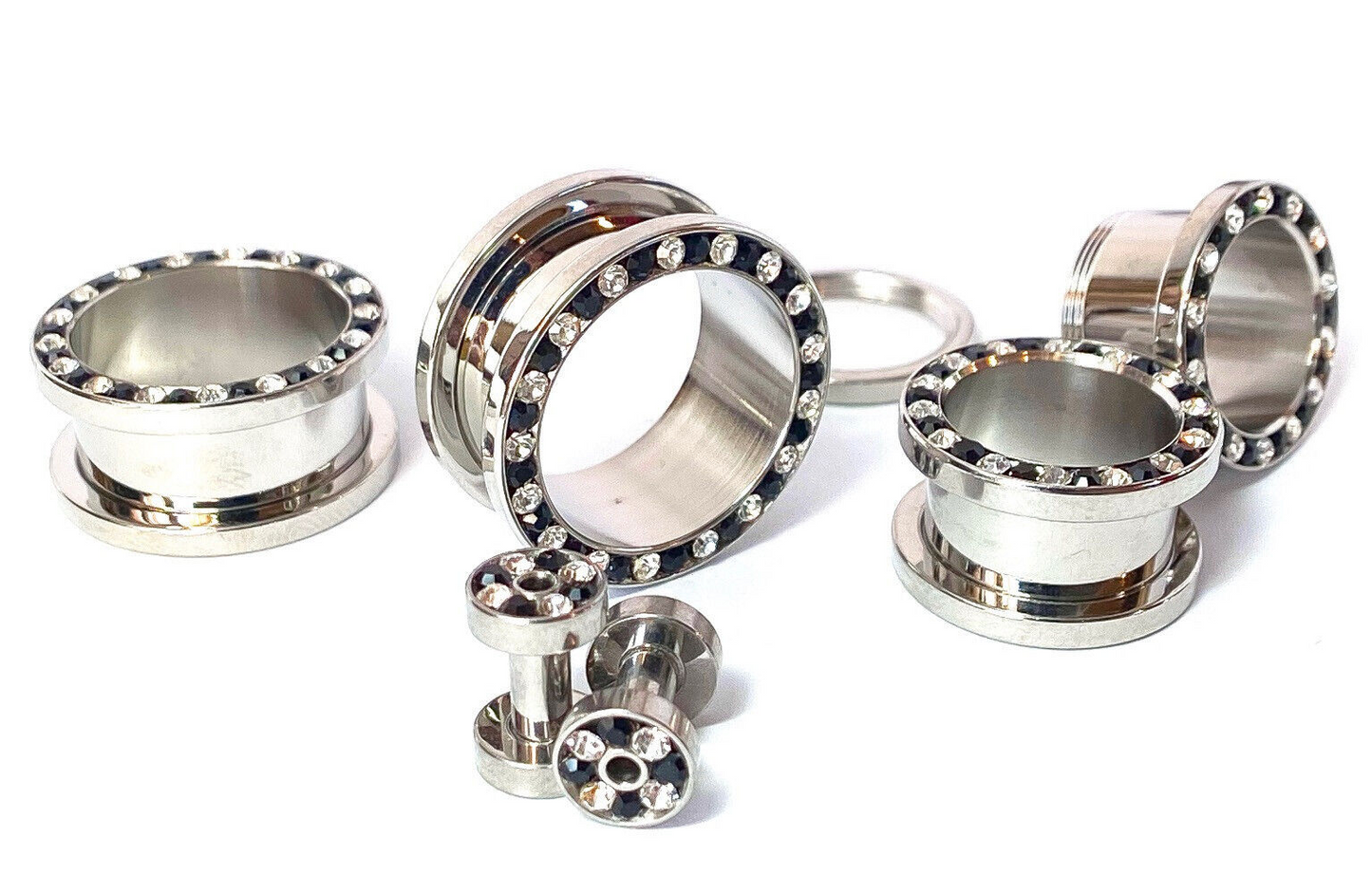 PAIR Black & Clear Gem Rimmed 316L Surgical Steel Screw Fit Tunnels Plugs Gauges