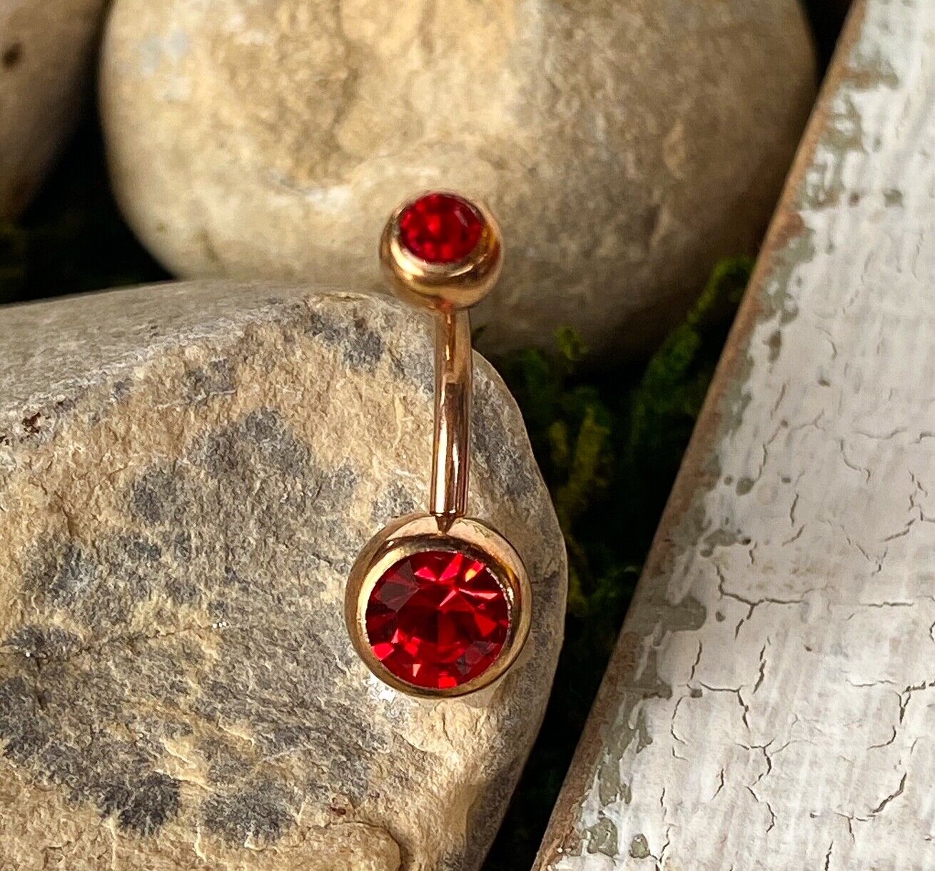 Rose Gold Plated Steel Double CZ Gem Ball Belly Ring Pierced Navel Naval