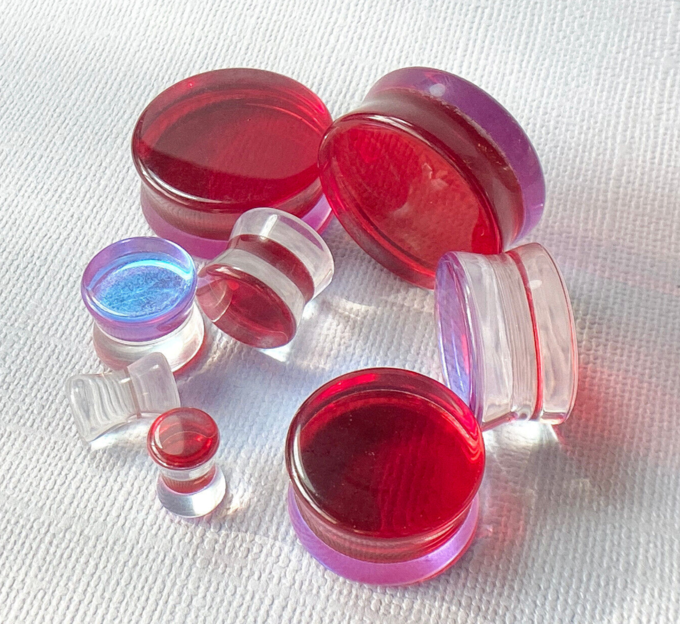 PAIR Red Iridescent Glass Double Flare Plugs Gauges Tunnels Body Jewelry