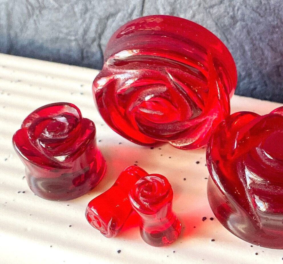 PAIR Carved Rose Flower Red Glass Double Flare Plugs Gauges Tunnels Jewelry