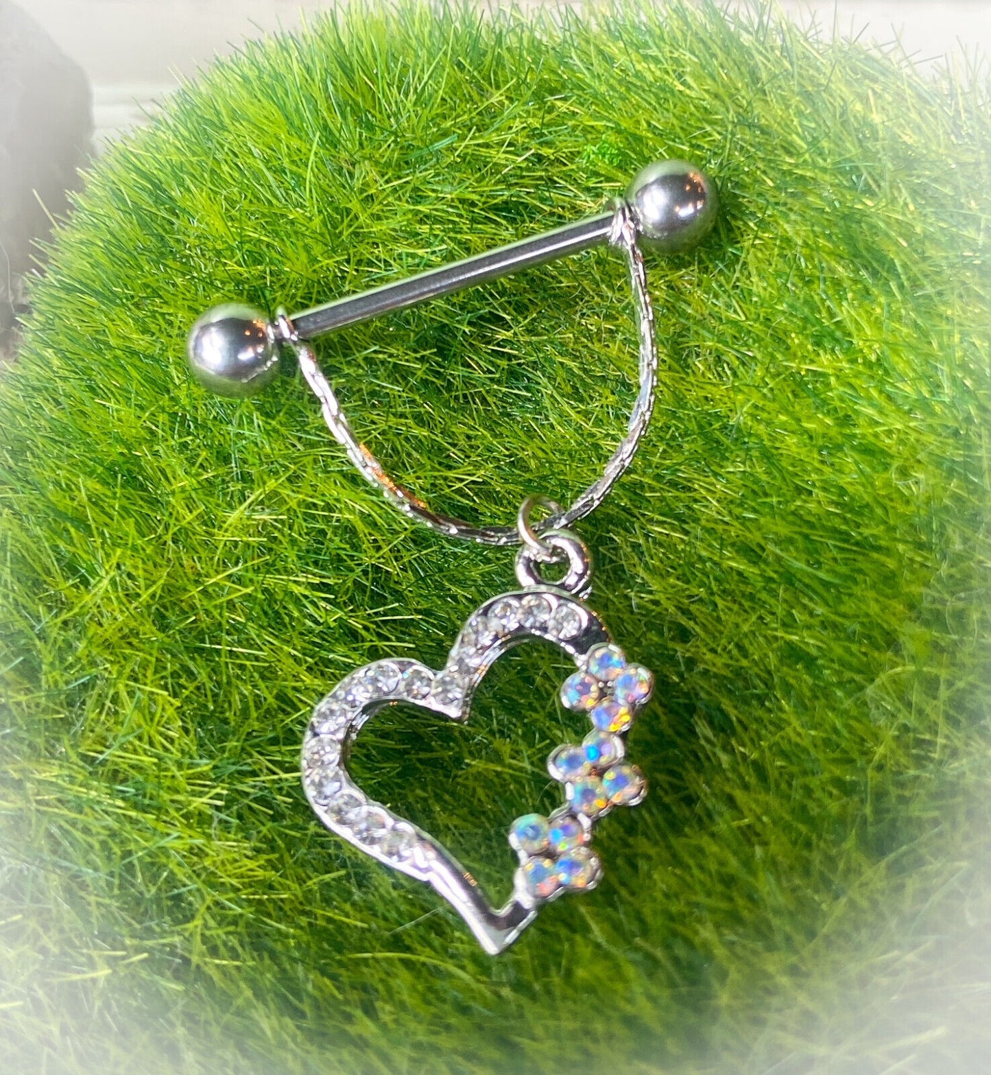 PAIR 14g Hollow Heart Gem Nipple Rings Shields Pierced Body Piercing Jewelry