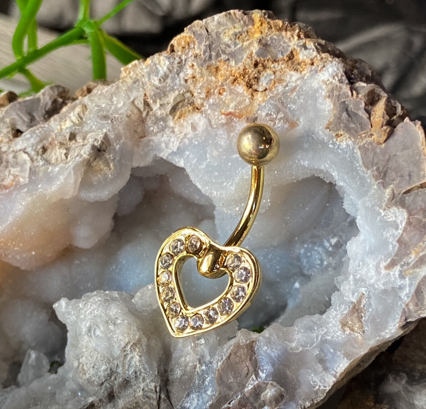 Gold Heart Paved CZ Gem Belly Ring Navel Piercing Pierced Naval Body Jewelry