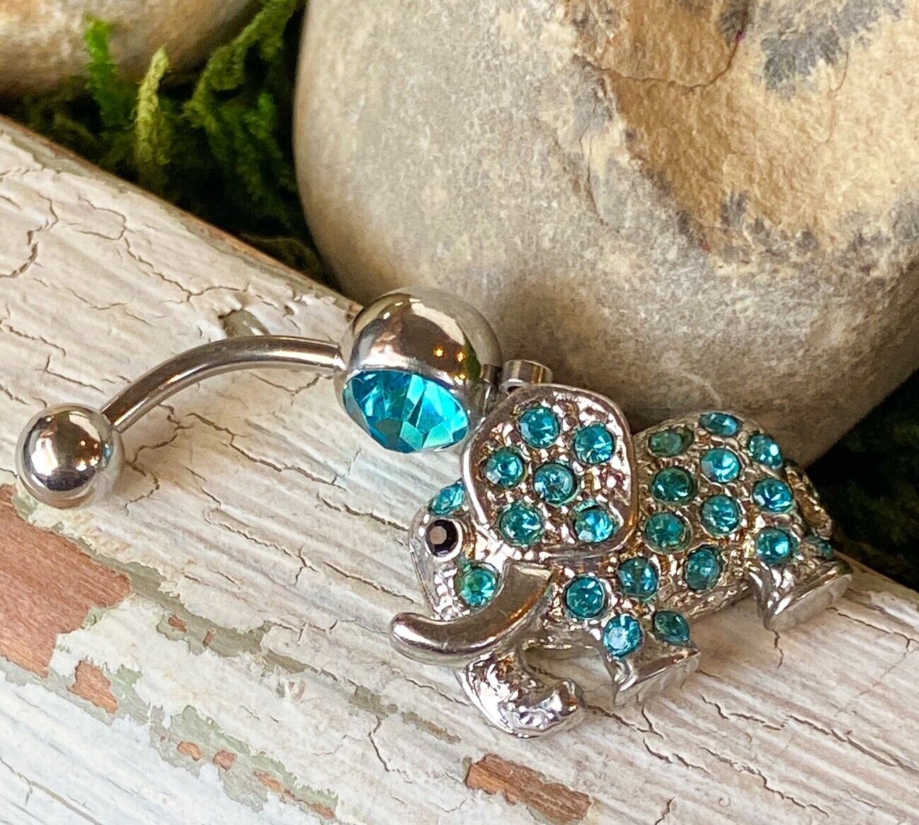 Elephant Dangle Belly Ring Paved CZ Gems Pierced Navel Naval Tusk 14g