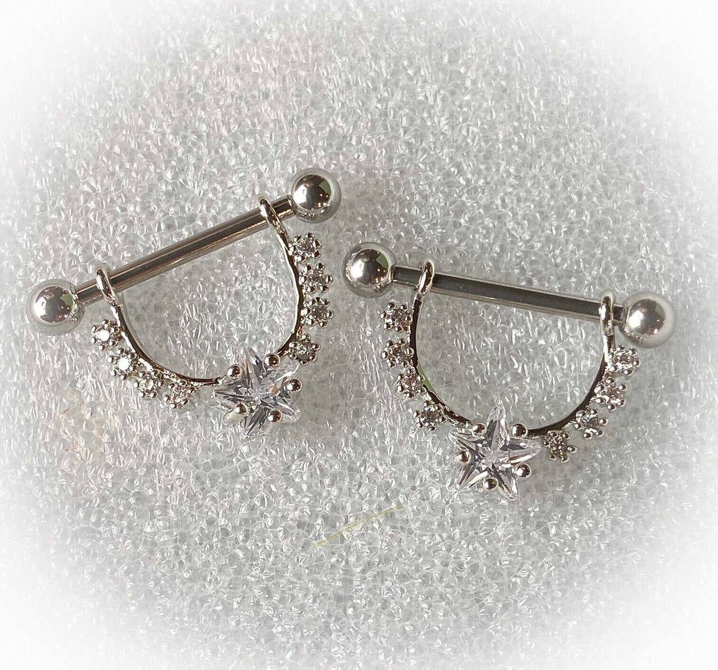 PAIR CZ Gem Star Center Dangle Nipple Ring Shields Pierced Body Piercing Jewelry