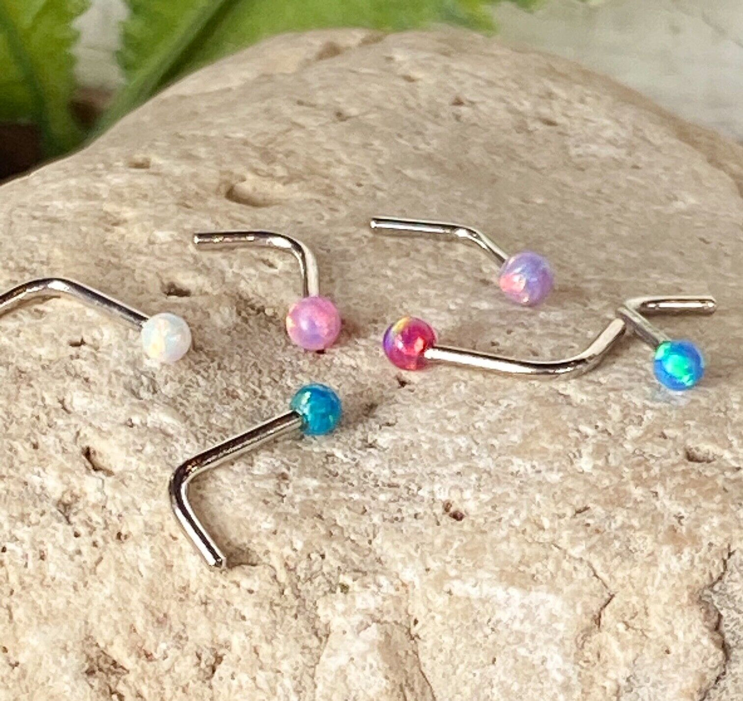 1pc 14kt White Gold 20g Opal Ball L-Bend Nose Ring Nostril Piercing Stud Screw