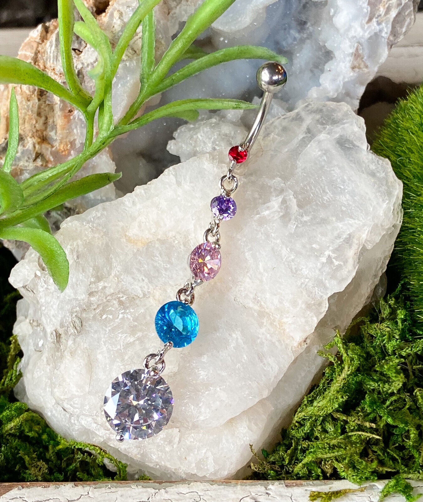 1pc Five-CZ-Gem Dangle Belly Ring Navel Piercing Pierced Naval Body Jewelry