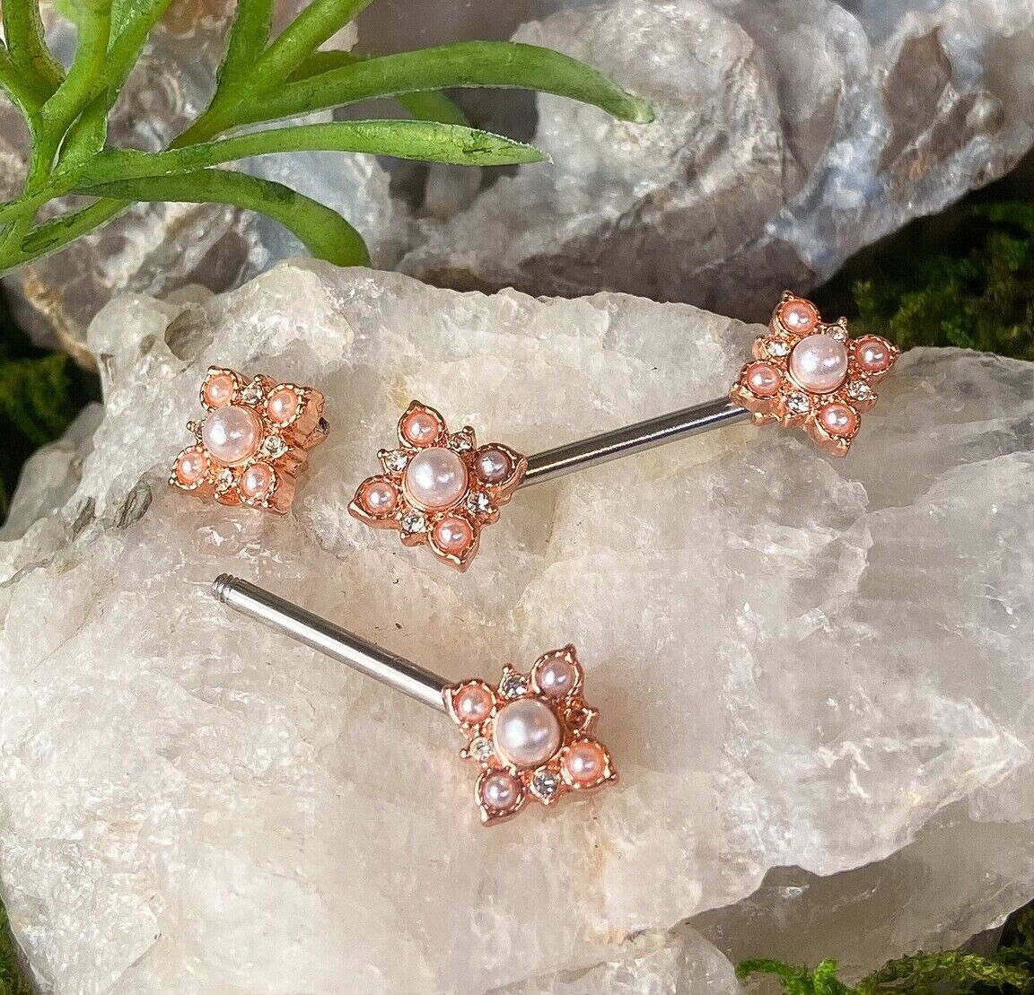 PAIR Pearl & Crystal Paved Flower Ends Nipple Rings Shields Vintage Barbells