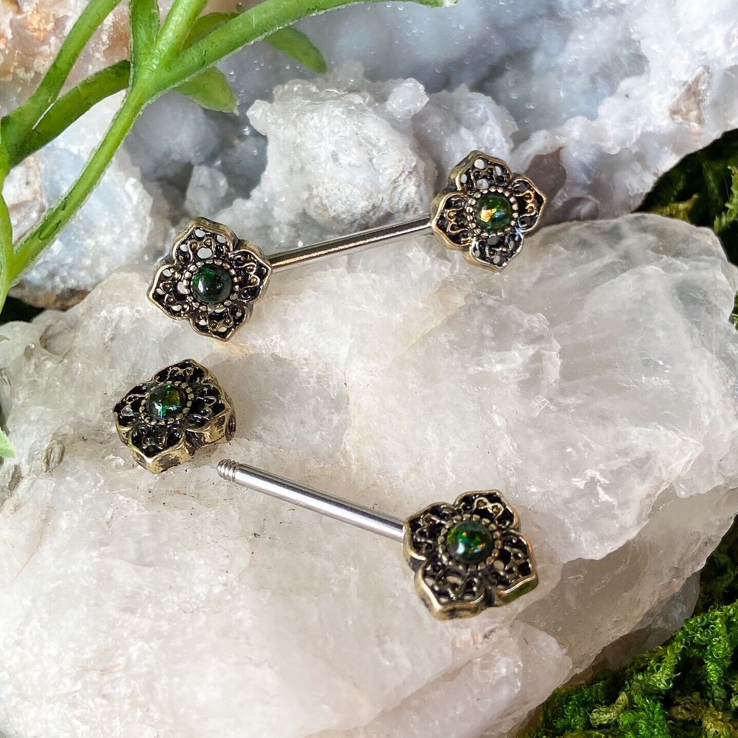 PAIR Opal Glitter Center Tribal Flower Nipple Rings Shield Barbells 14g 14 gauge
