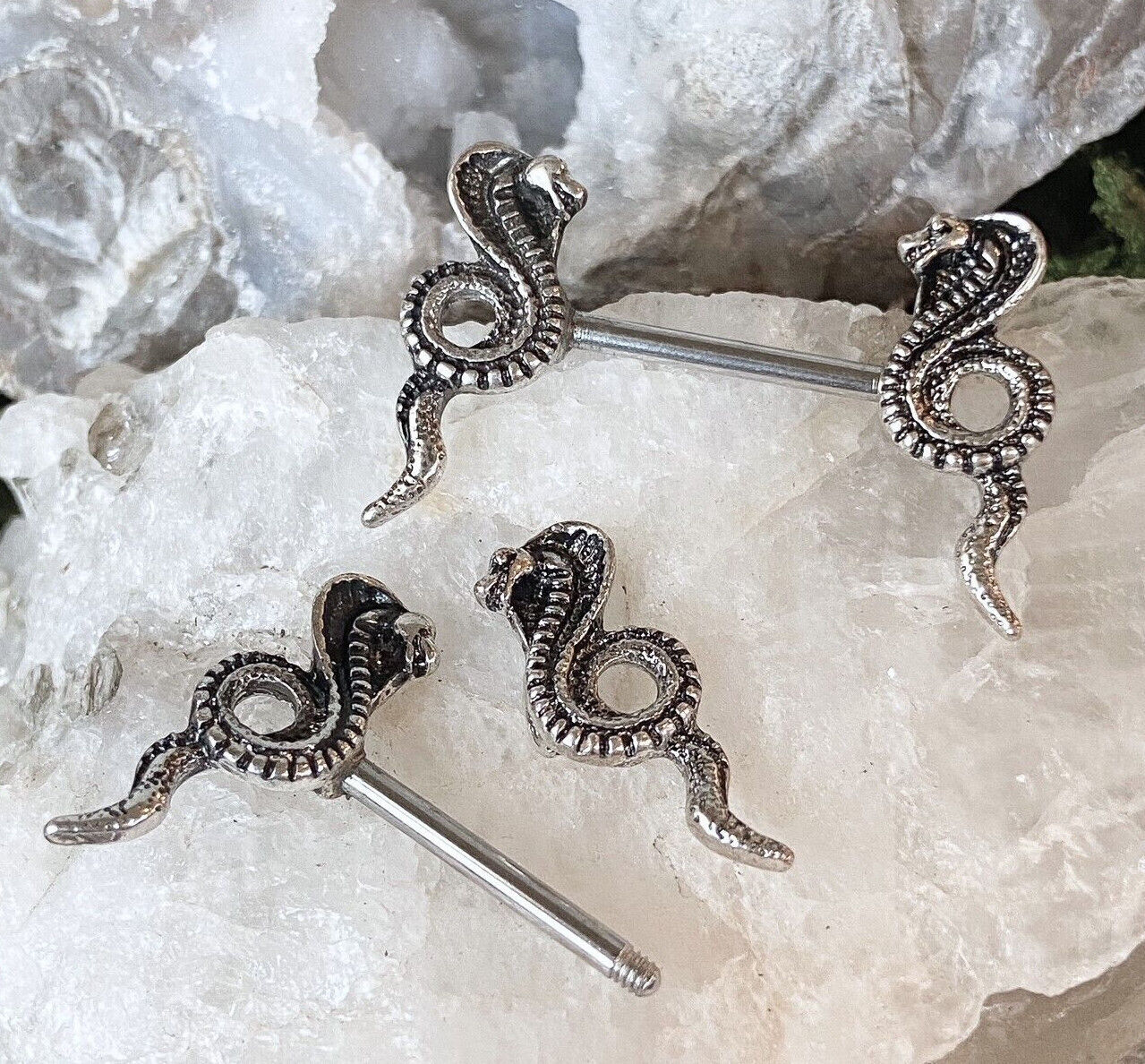 PAIR Antique Gold or Silver Cobra Snake Nipple Rings Shields Steel Barbells