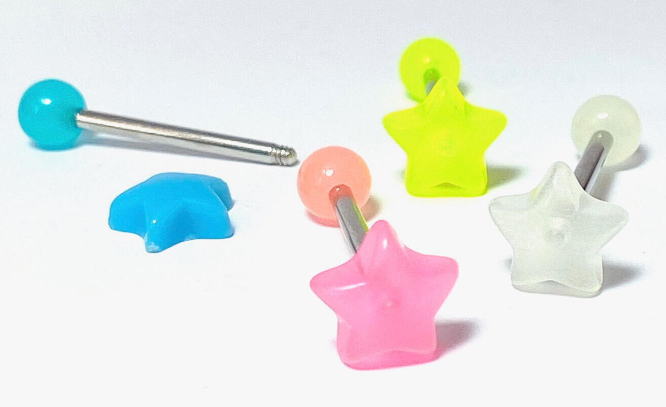 4pc Value Pack Glow in the Dark Star Steel Tongue Rings 14g Tounge Body Jewelry