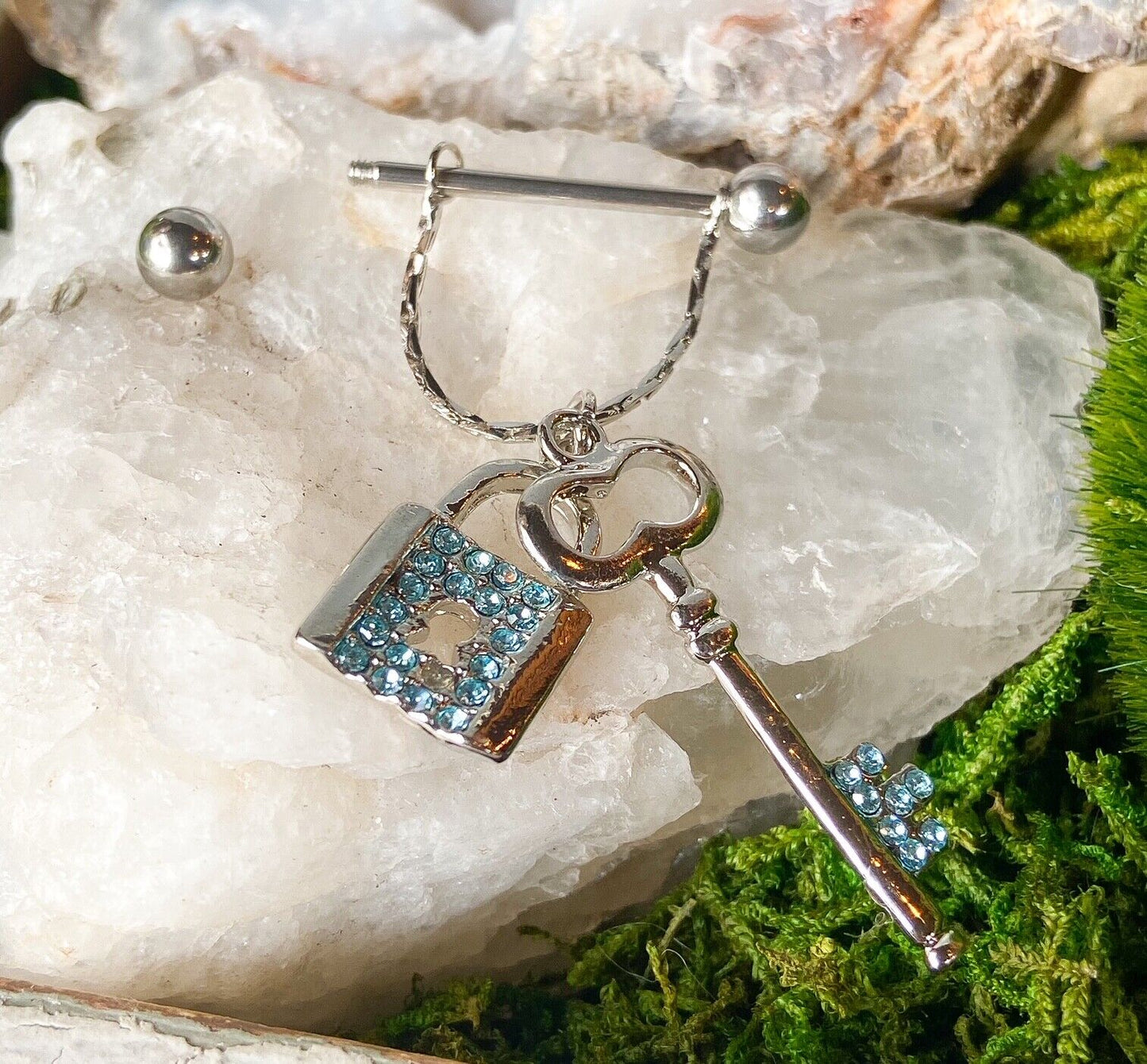 PAIR 14g Lock & Key Gem Nipple Rings Shields Barbells Body Piercing Jewelry