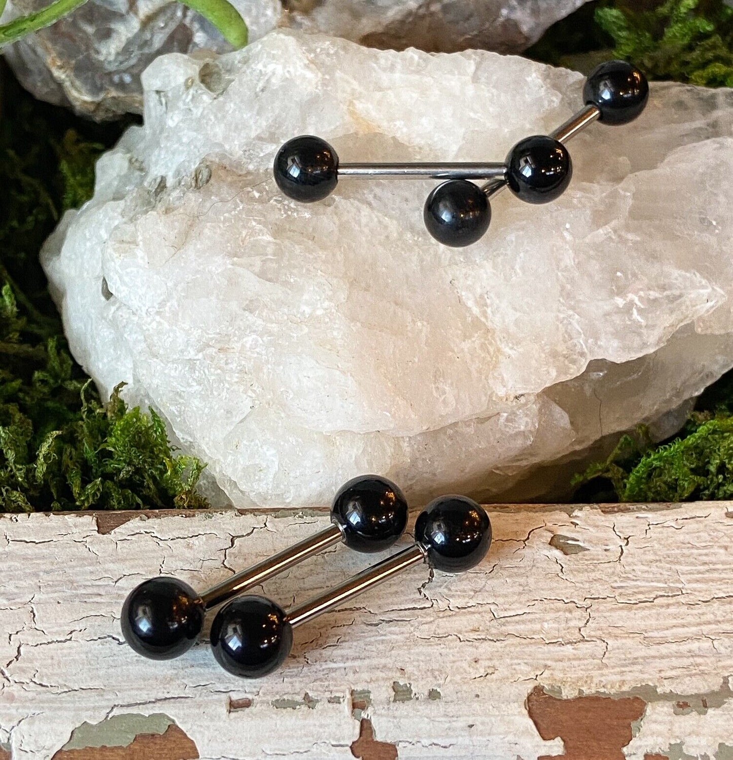 PAIR Natural Stone Nipple or Tongue Rings 14g Barbells 316L Steel Body Jewelry - Available Only In Black Agate