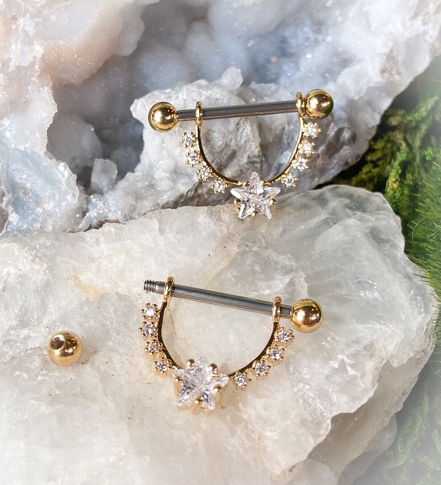 PAIR CZ Gem Star Center Dangle Nipple Ring Shields Pierced Body Piercing Jewelry
