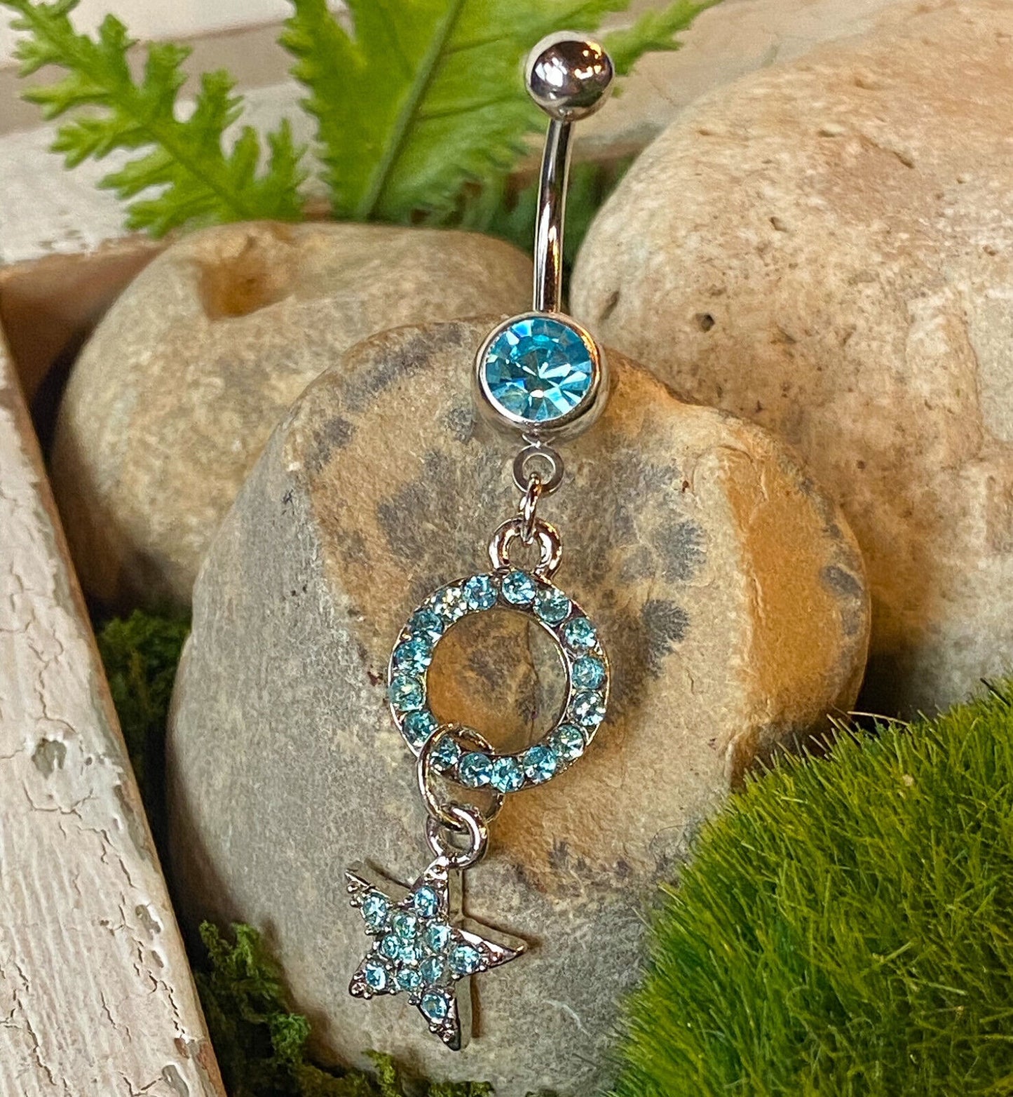 1pc Star Circle Paved CZ Gem Dangle Belly Ring Hoop Pierced Navel Piercing Naval