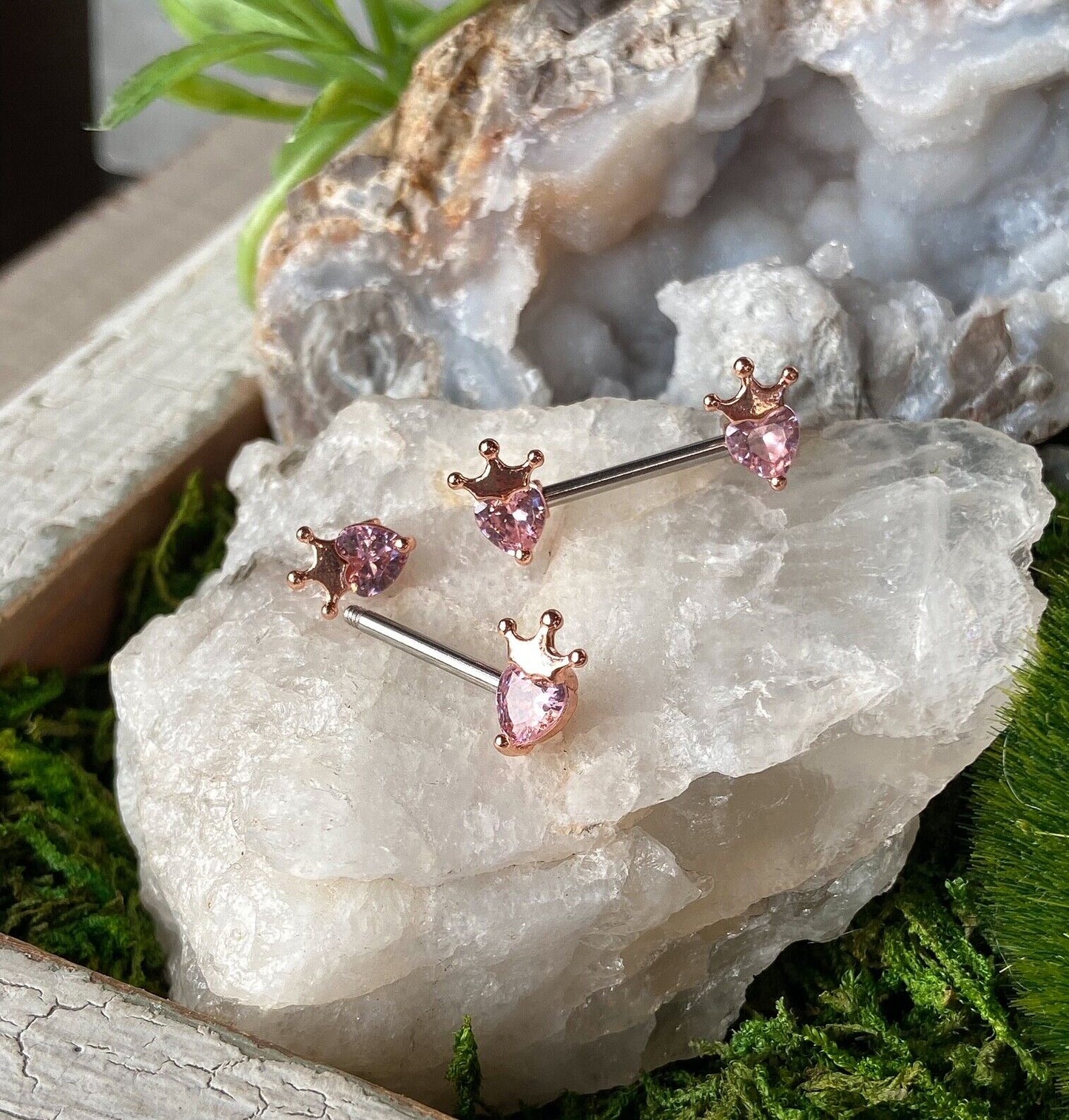 PAIR Heart CZ Gem w/ Crown Nipple Rings Shields Steel Barbells Piercing Jewelry