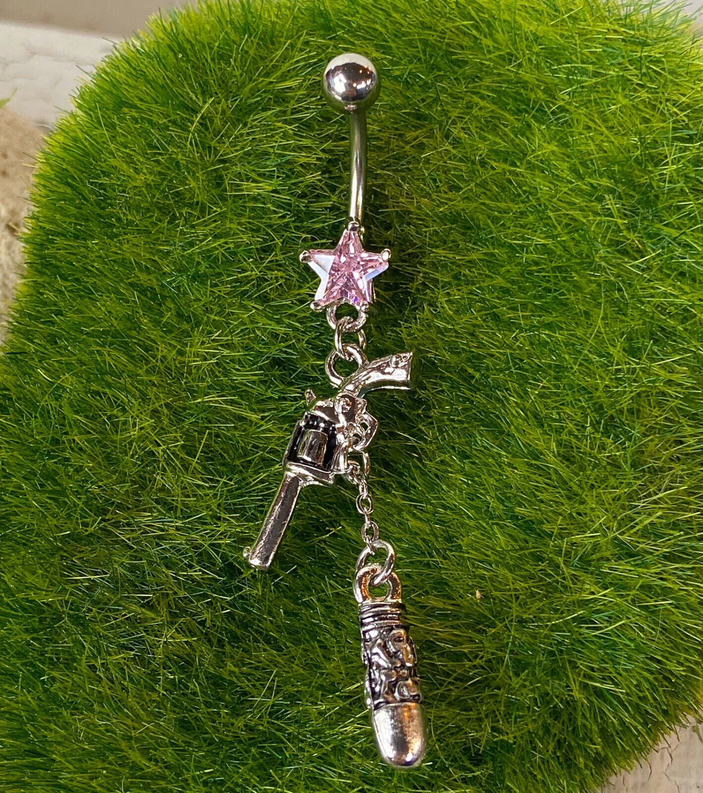 Revolver Gun Skull Carved Bullet Belly Ring Pierced Navel Prong Set Star CZ Gem