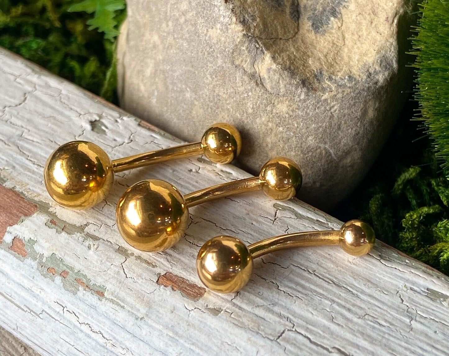 Simple Gold IP Double Ball Belly Ring Pierced Navel Naval Curved Barbell