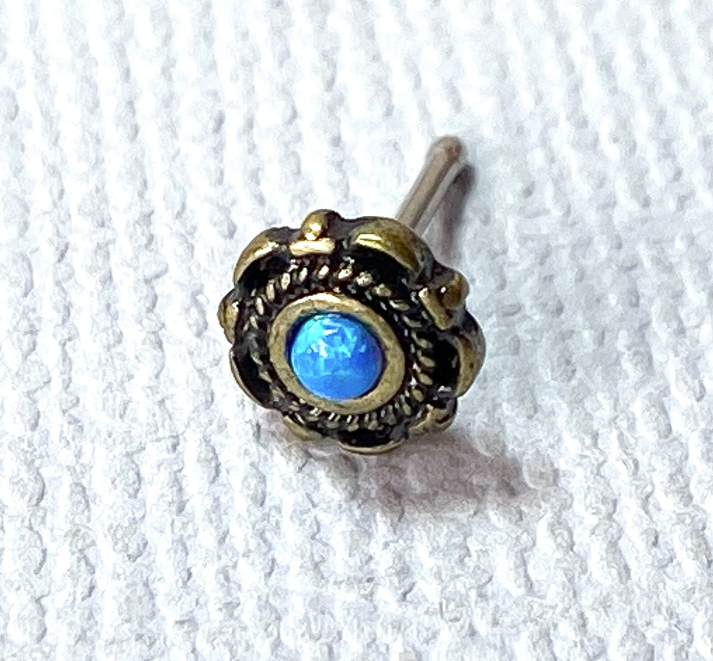 1pc Opal Centered Floral Design Antique Gold or Silver Plated 20g Nose Ring Stud