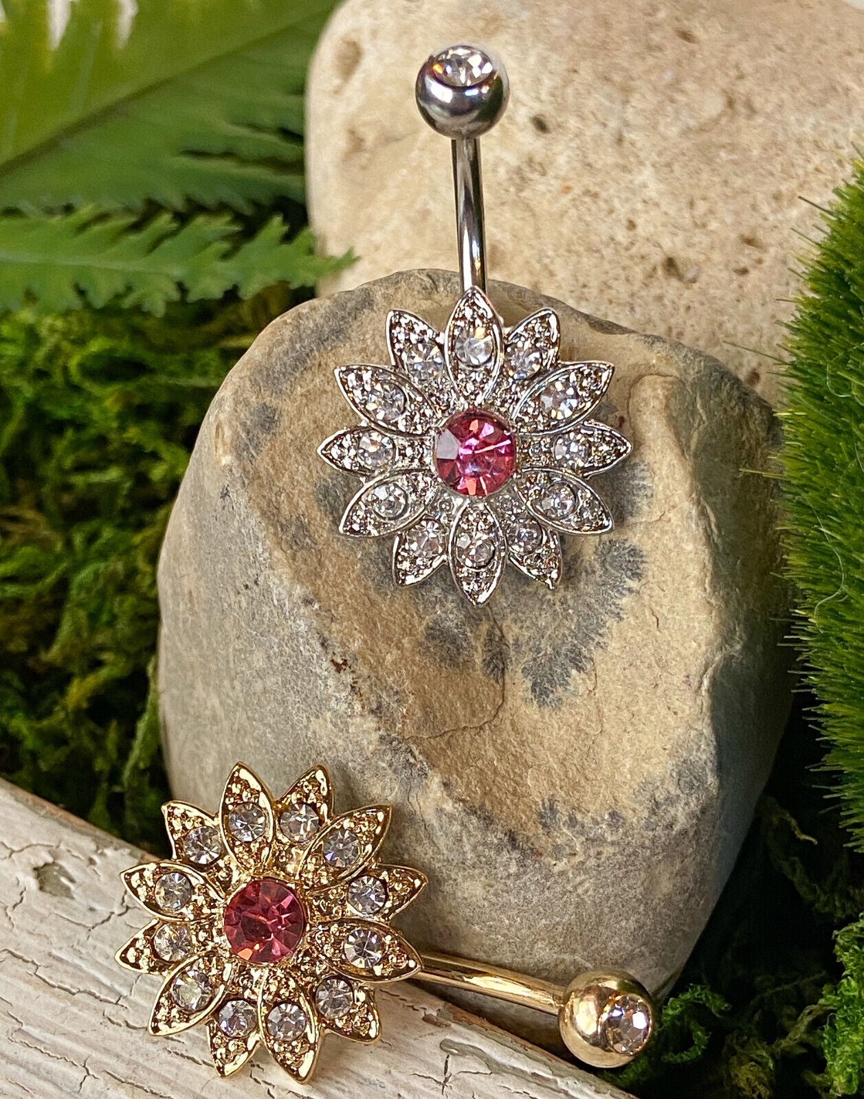 Flower w/ Center Crystal Paved Petals Belly Button Ring Pierced Navel