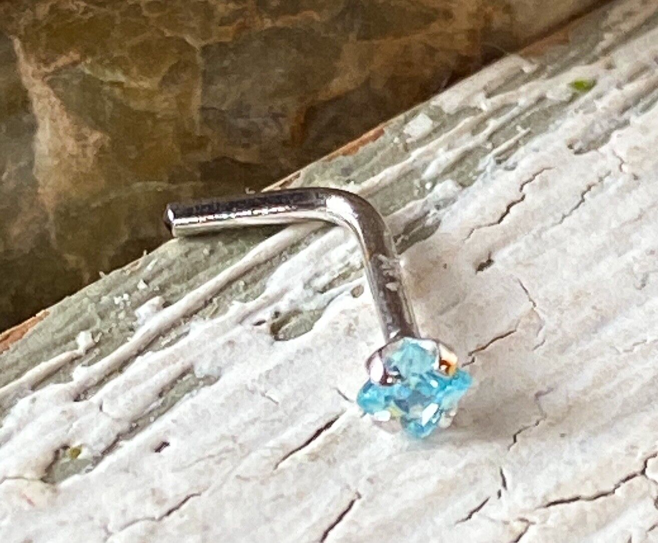 1pc 14kt Yellow or White Gold 20g L-Bend Nose Ring w/Square CZ Gem Stud Screw