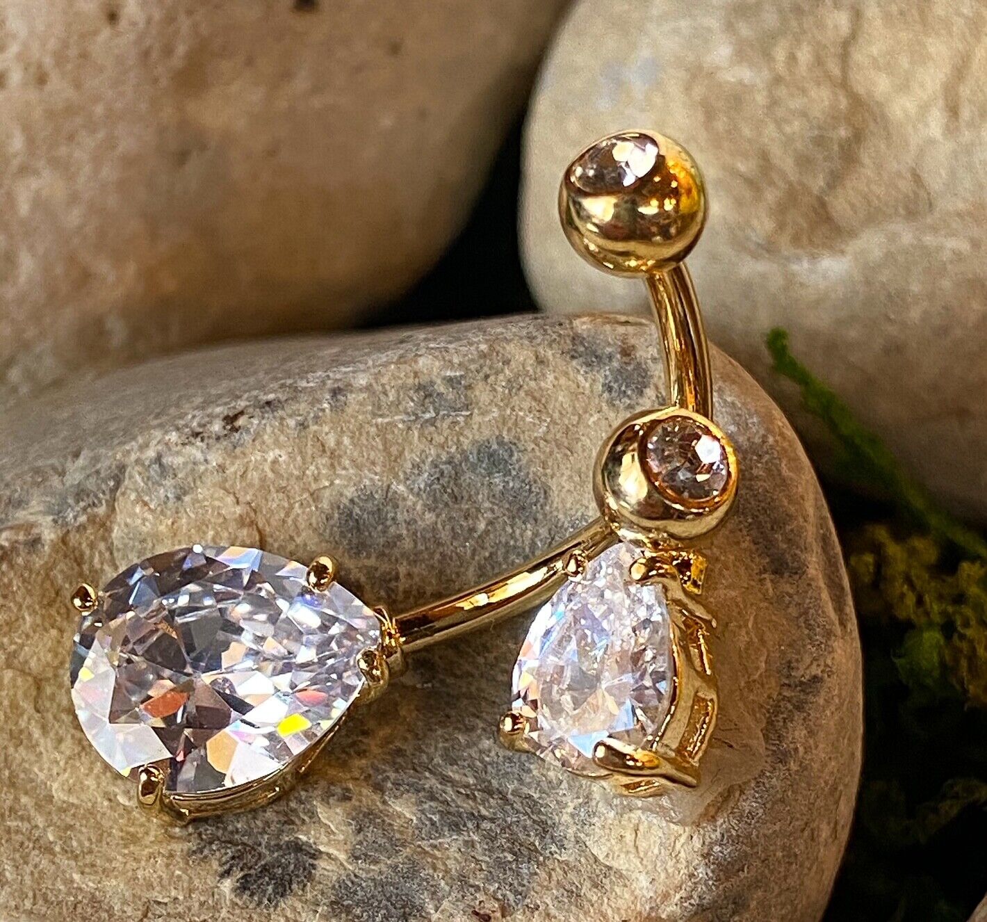 1pc Double Gemmed Teardrop CZ Gem Prong Set Solitaire Belly Ring Navel Naval