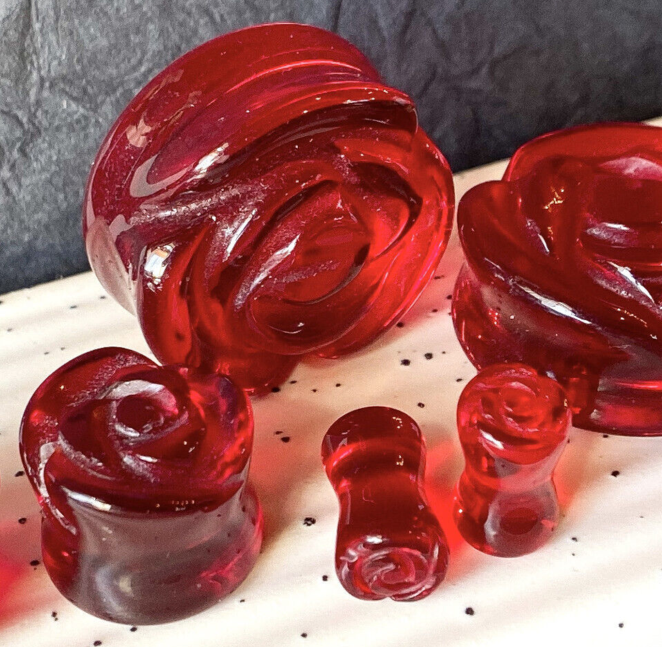 PAIR Carved Rose Flower Red Glass Double Flare Plugs Gauges Tunnels Jewelry
