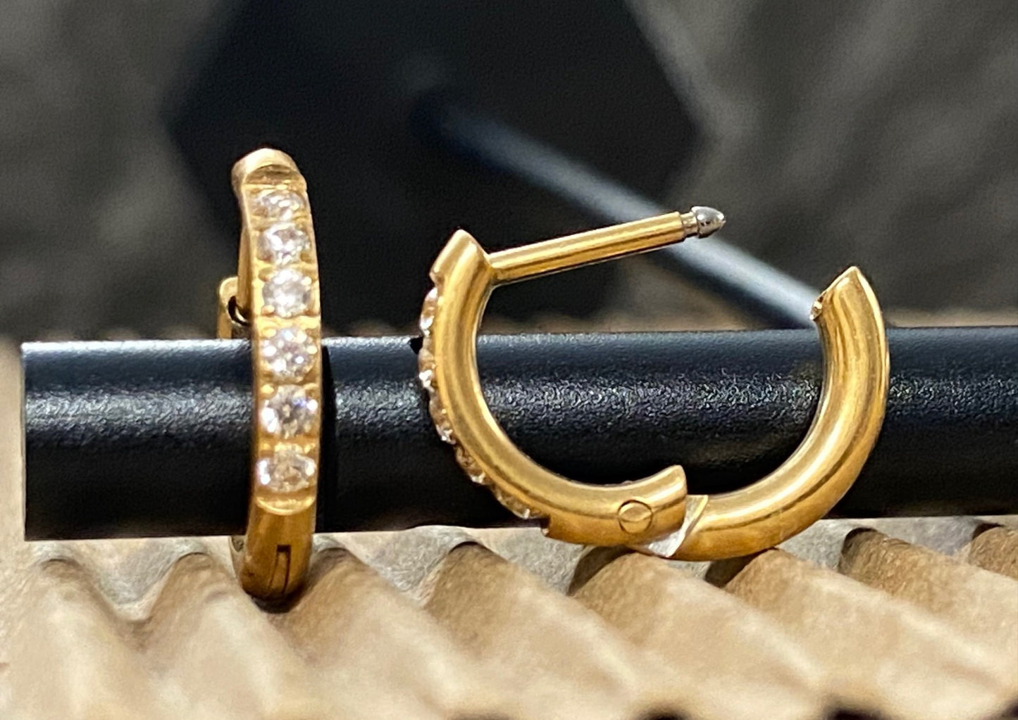 PAIR CZ Gem Accented Hinged Hoop Earrings 316L Stainless Steel Hinge Action 18g