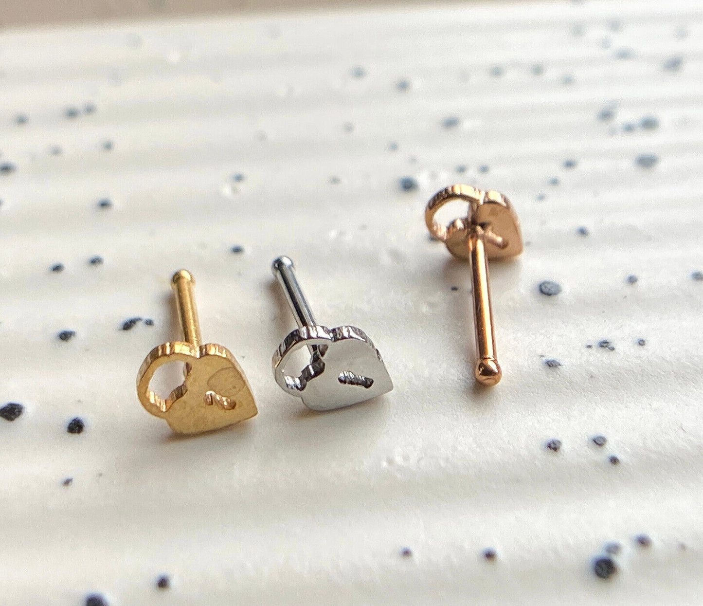 3pcs Heart Padlock Style Nose Rings Studs Bones 316L Surgical Steel Ion Plated