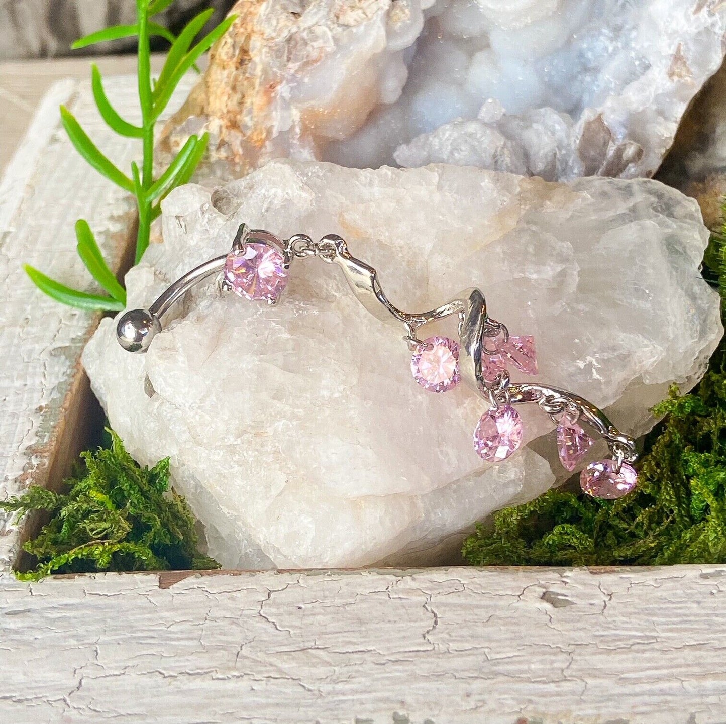 Sparkling Vine Swirl Dangle Pink CZ Gem Belly Ring Navel Naval 14g 316L Steel