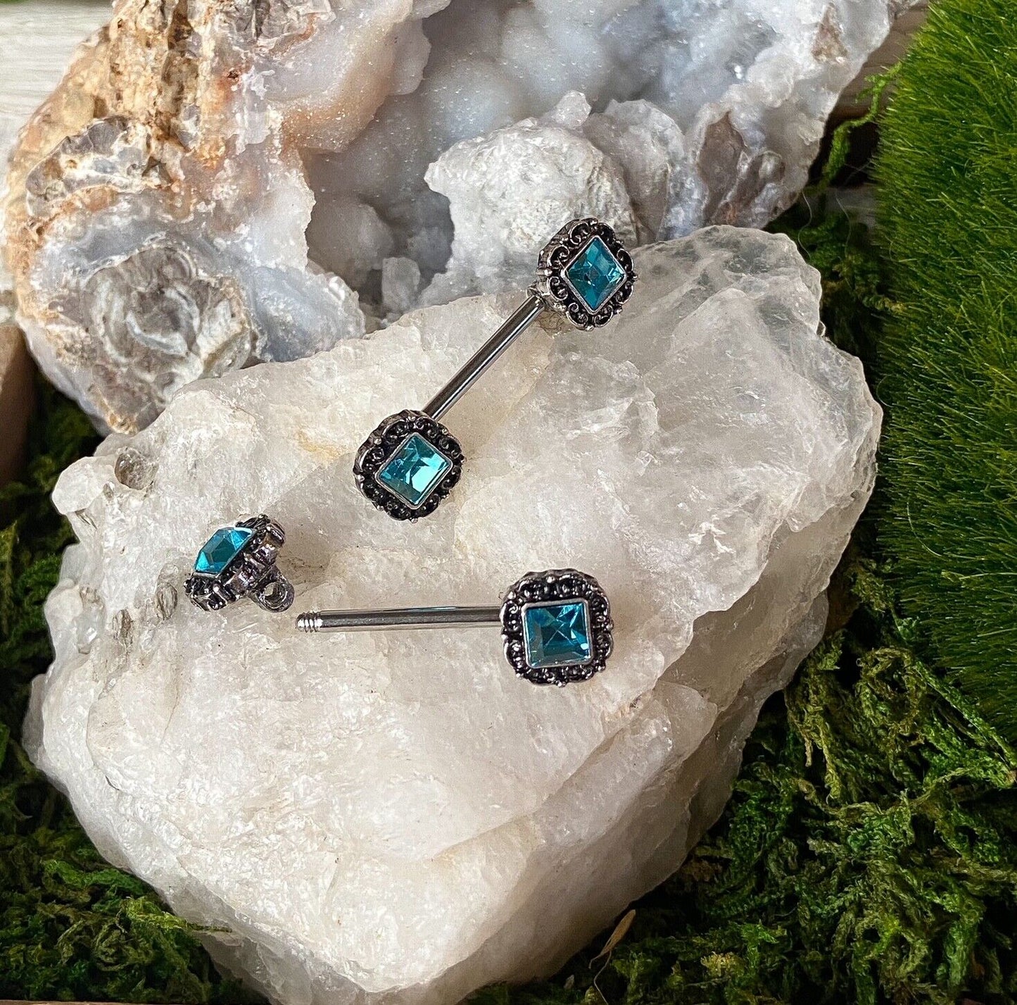 PAIR Antique Silver Filigree Square CZ Gem Nipple Rings Shields Steel Barbells