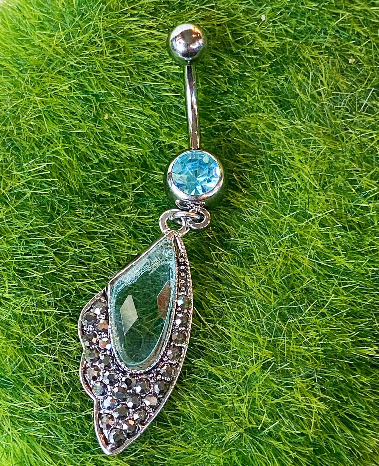 Vintage Wing Hematite Belly Ring Paved CZ Pierced Navel Clear, Pink, Aqua