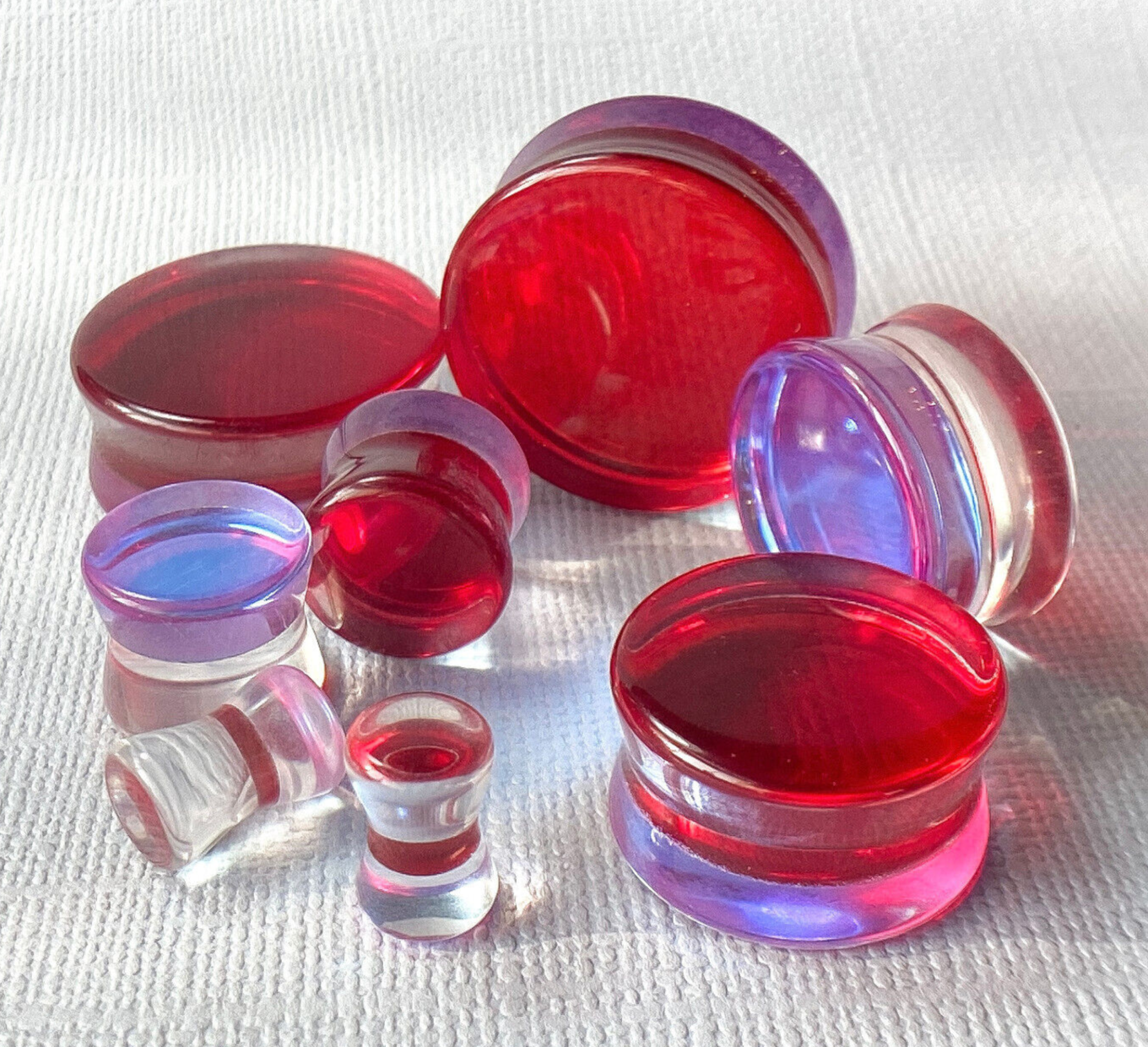 PAIR Red Iridescent Glass Double Flare Plugs Gauges Tunnels Body Jewelry
