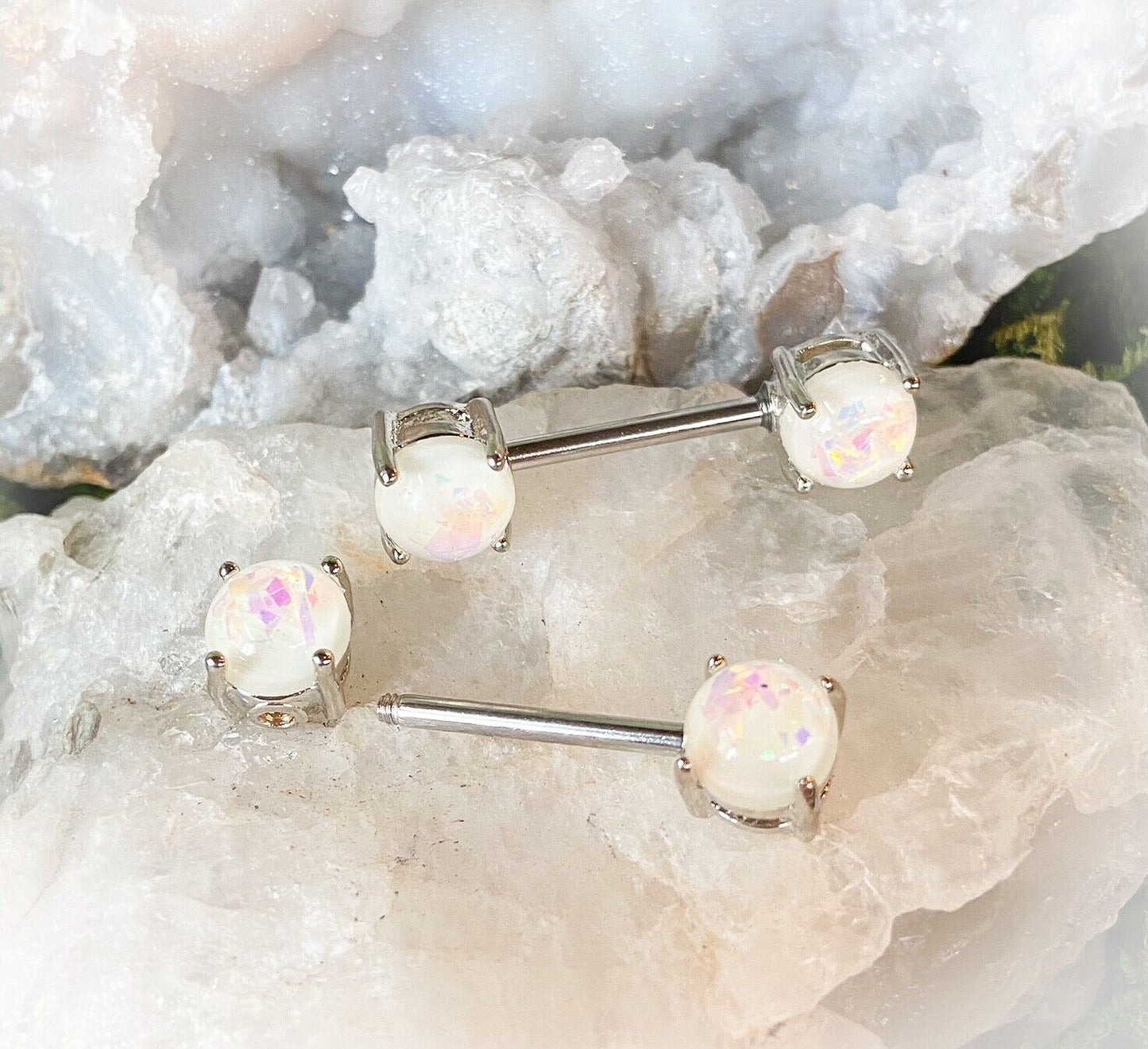 PAIR Synthetic Opal Glitter Nipple Rings Shields 316L Surgical Steel Barbells