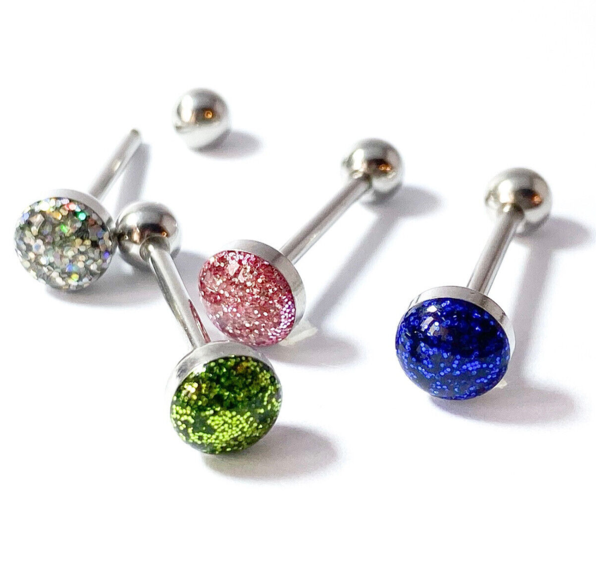 4pc Value Pack Glitter Ball Steel Tongue Rings 14g Tounge Body Jewelry