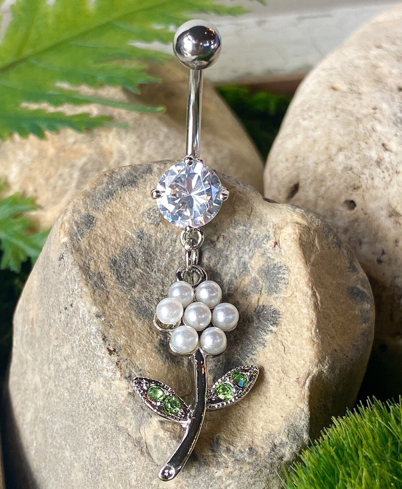 Flower Pearl Gem Belly Ring Navel Naval CZ Gem Dangle Pink, White
