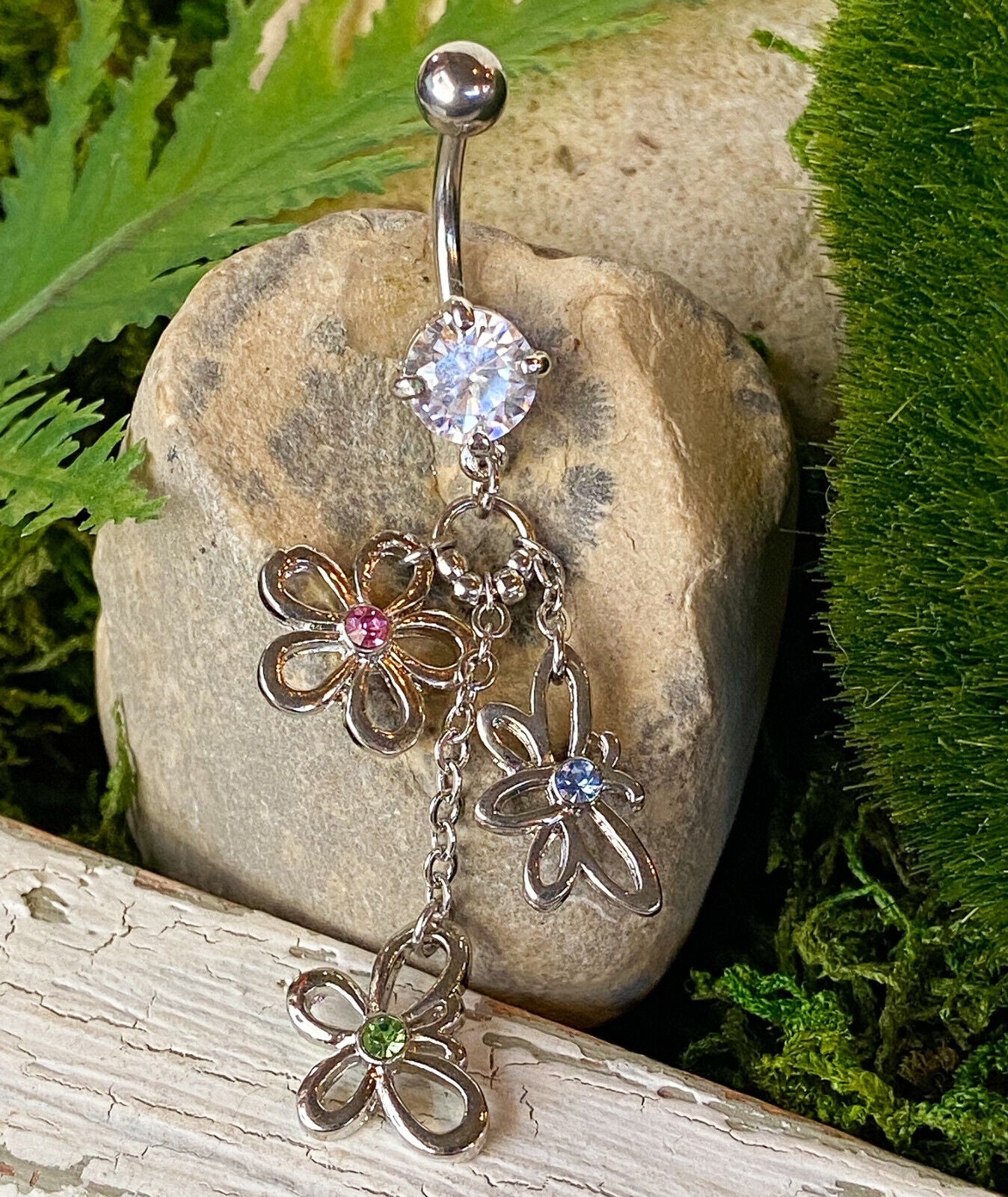Nature Charm Flower & Butterfly Gem Belly Ring Navel Naval Body Jewelry
