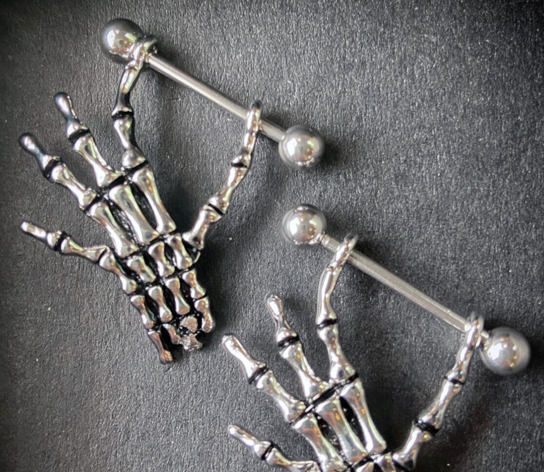PAIR of Skeleton Bone Hand Nipple Shields Barbell Rings Body Piercing Jewelry